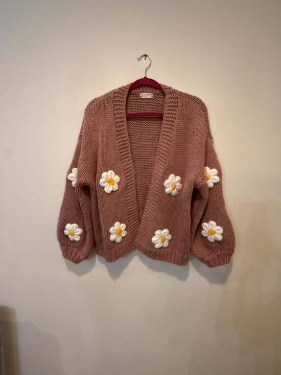 Altar'd State Sweaters - Altar'd State Dusty Rose Pink 3D Daisy Flower Open Front Knit Cardigan Sweater